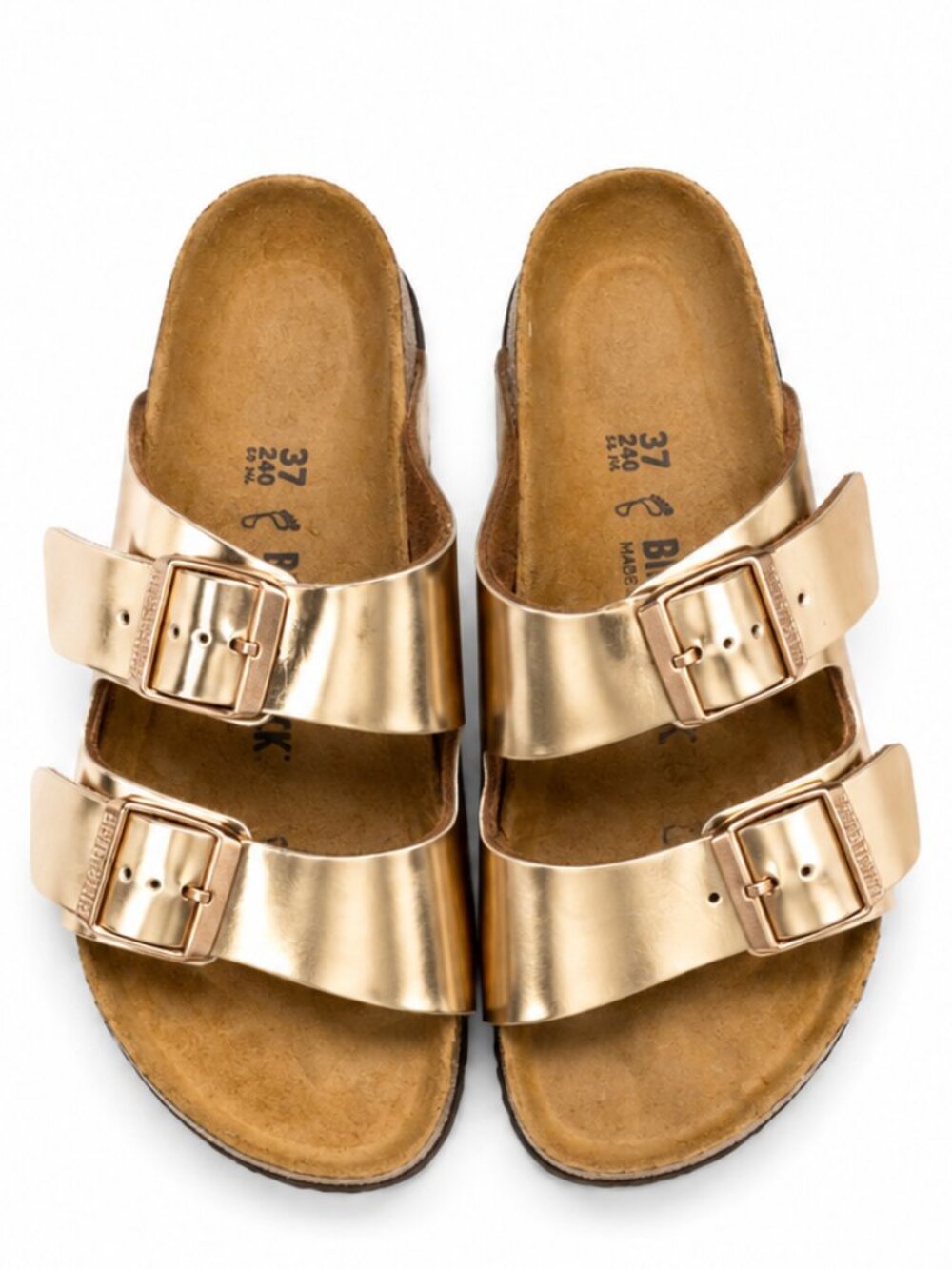 Birkenstock Arizona Sandals Women’s 6–6.5 EU 37 Metallic Gold Two Strap Leather